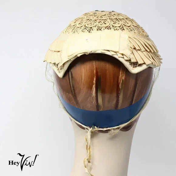 Vintage 50s Cocktail Hat Ivory Intricate Lace Design Rhinestones Veil - Hey Viv - Picture 3 of 6
